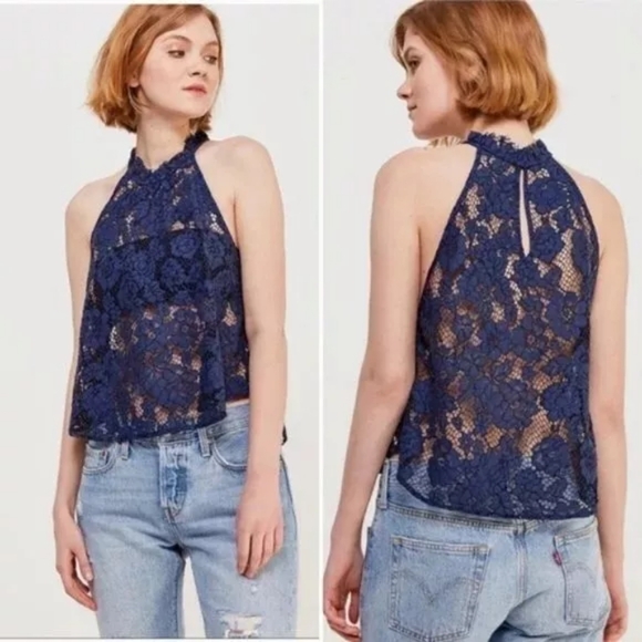 Free People Sweet Meadow Dream navy sheer lace halter top size Medium - Picture 4 of 7